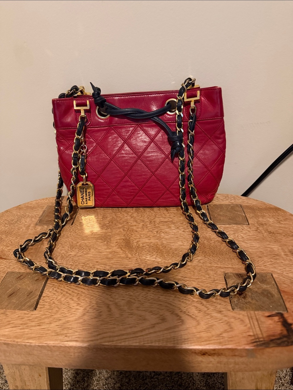 CHANEL Vintage Red Quilted Leather Shoulder Bag with Navy Chain Trim